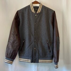 Mens Grey Bomber Jacket Small Wool Blend Faux Leather Varsity Edgy Streetwear